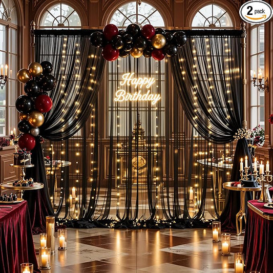 10×15ft Black Sheer Backdrop Curtains with Lights String for Parties Birthday Black Tulle Backdrop Curtain for Baby Shower Wedding Graduation Halloween Party Photo Shoot Decorations 2 Panels 5×15ft