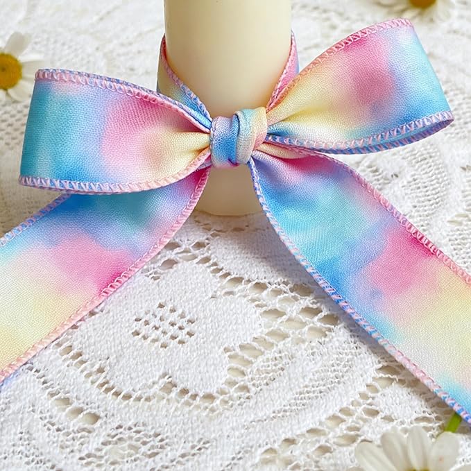 Meseey 2.5 Inch x 10 Yards Pastel Wired Ribbon, Rainbow Gradient Wired Edge Ribbon for Easter Wreaths, Gift Wrapping, Easter Baskets, Crafts, Spring Party Decorations