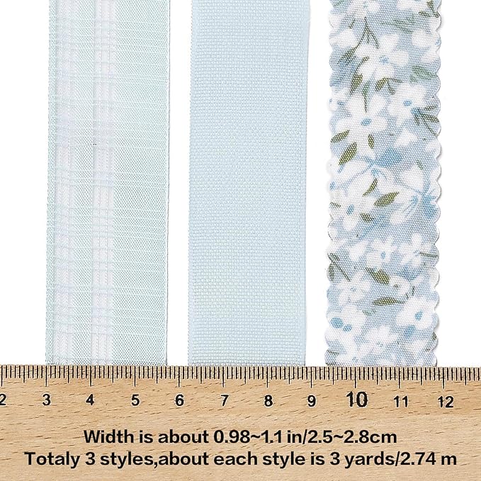 BEEFLYING 3 Styles Light Blue Wire Edged Ribbons for Gift Wrapping Decoration 25~28mm×2.7m Chiffon Ribbons Organza Ribbons for Wedding Party Hair Bows Flower Designs Sewing and Craft, 9 Yards