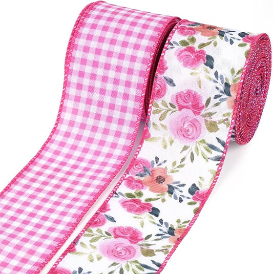 LaRibbons Floral Ribbon Wired 2 Rolls 2.5 Inch x 12 Yards TTL, Flower Pink and White Plaid Spring Summer Ribbon with Rose Printed for Wreath Crafts Wrapping Bow