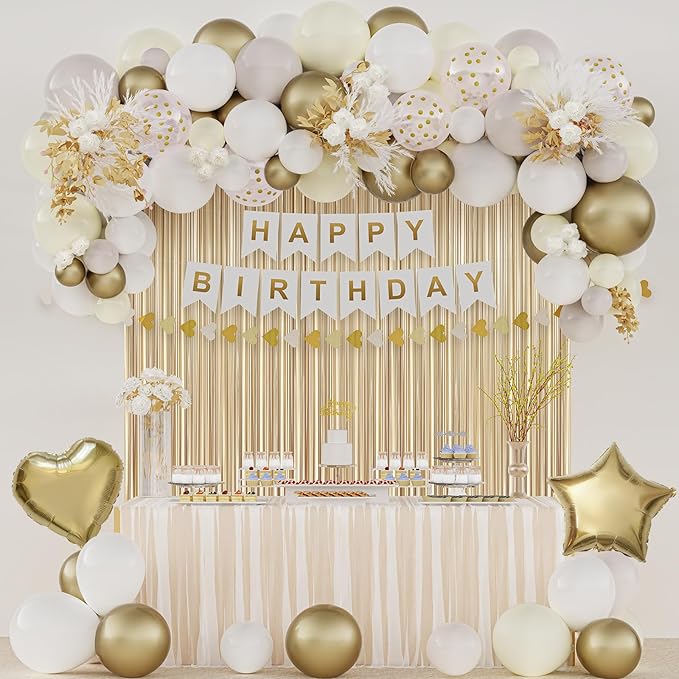 Gold Birthday Decorations for Women, Happy Birthday Party Decorations, Happy Birthday Banner, Gold White Sand Ivory Balloons, Tissue Paper Pompoms, Heart Garland, Party Decor for Girls