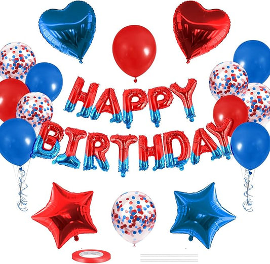 CANREVEL Happy Birthday Banner 16 Inch Mylar Foil Letters with Star & Heart Balloons Spider Theme Birthday Party Decorations for Kids and Adults - 30 Pcs Red & Blue