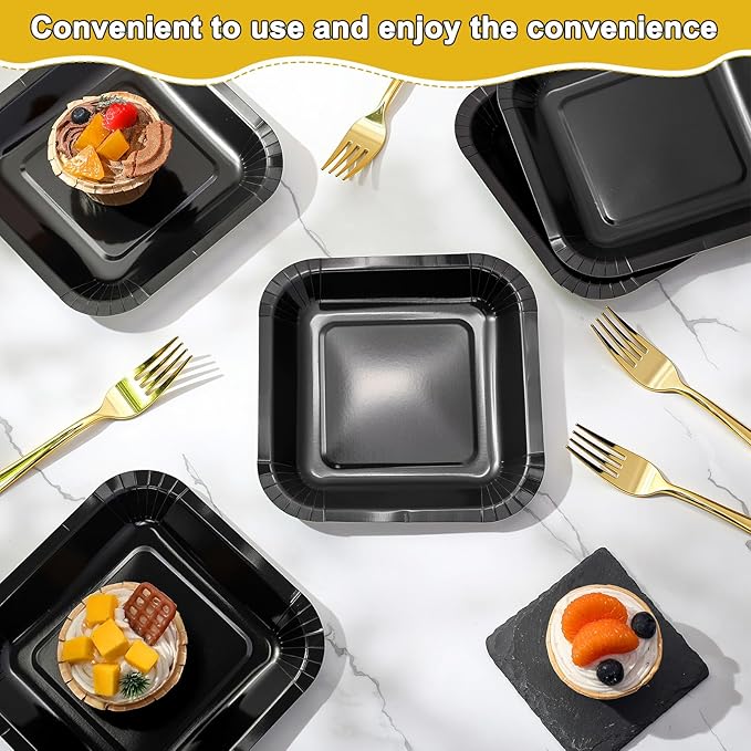 Dandat 100 Pcs 7 In Small Black Paper Plates Square Disposable Cake Plates with Plastic Dessert Forks 50 Guests Foil Tableware for Birthday Party Halloween Table Supplies