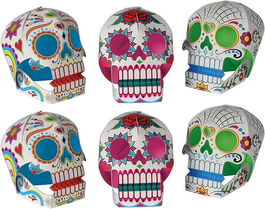 Beistle 6 Piece Three Dimensional Sugar Skull Day Of The Dead Centerpieces - Eye-Catching Dia De Los Muertos Party Decorations, Made In USA Since 1900