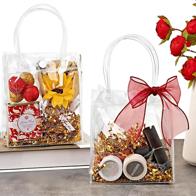 Jutieuo 50 PCS Clear Plastic Gift Bags with Handles, 4.9 x 5.9 x 2.8 inches Small Reusable Transparent Party Favor Bags PVC Goodie Bags Bulk for Weddings, Baby Showers, Birthdays