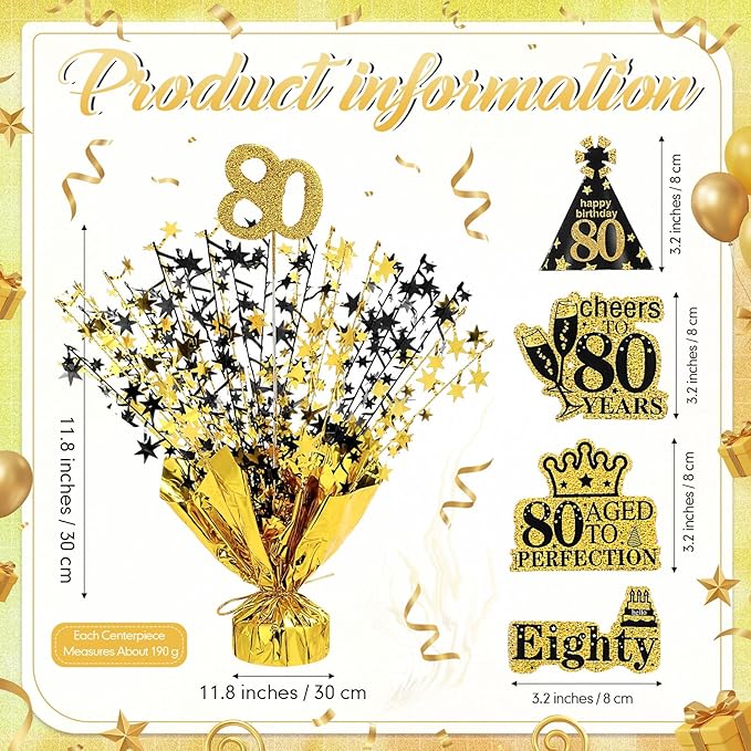 Tatuo 4 Pcs Metallic Foil Spray Centerpiece Happy 30th 40th 50th 60th 70th 80th Years Centerpiece Table Decorations for Black and Gold Birthday Anniversary Wedding Party Table Decor (80th Birthday)