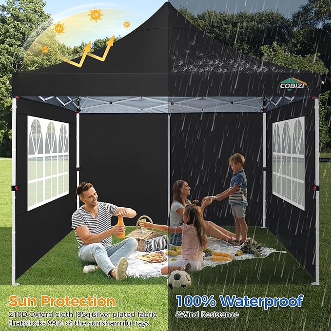 COBIZI 10x10 Pop Up Canopy with 4 Sidewalls, Canopy Tent 10x10 for Parties, Backyard, Commercial, Waterproof and Portable Instant Shelter UV50+ Outdoor Gazebo with 4 Sandbags(Black)