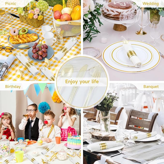 100 Pack Pre Rolled Gold Glitter Plastic Silverware Set, Heavy Duty Disposable Cutlery with 100 Forks, 100 Knives, 100 Spoons and Napkins, Wrapped Utensils for Parties Weddings Events