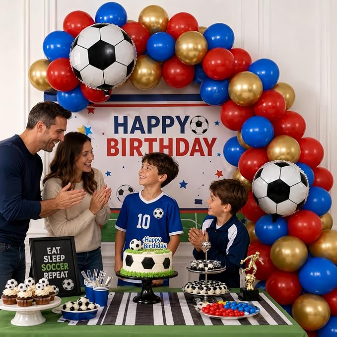 Soccer Balloons, 12 Inch Red and Blue Metallic Gold Latex Balloons with Soccer Ball 4D Foil Balloon for Boys Kids Sport Theme Birthday Decorations Football Lover Men Party Baby Shower Decor Supplies