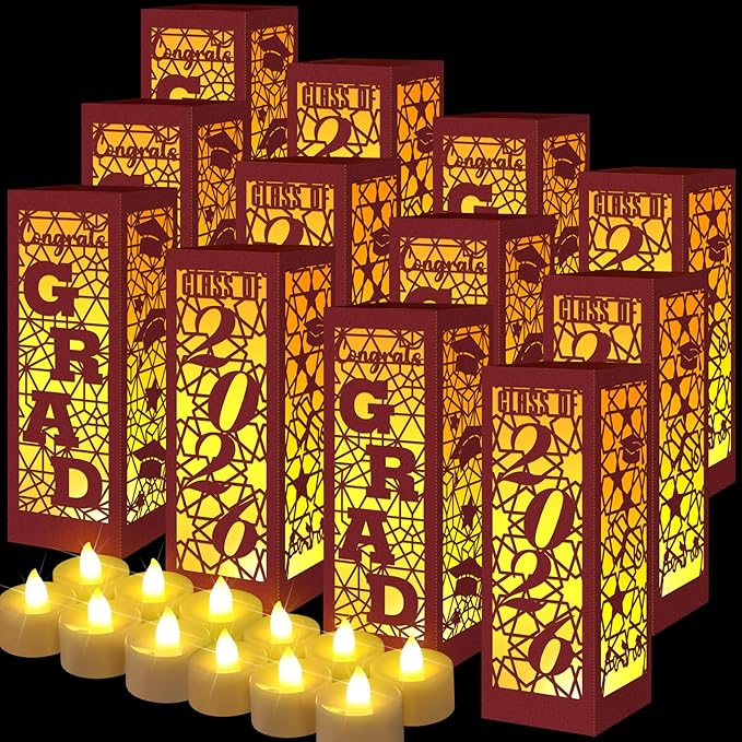 Rossesay 12 Pcs Graduation Table Centerpieces Boxes Class of 2026 Graduation Lanterns for Centerpieces with LED Candles Congrats Grad School College Photo Props for Party Table Decoration (Chestnut)