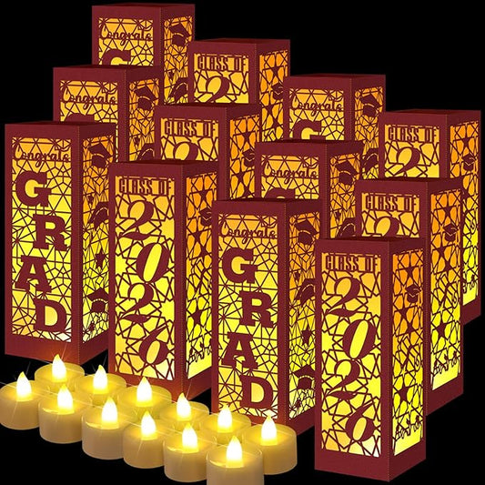 Rossesay 12 Pcs Graduation Table Centerpieces Boxes Class of 2026 Graduation Lanterns for Centerpieces with LED Candles Congrats Grad School College Photo Props for Party Table Decoration (Chestnut)