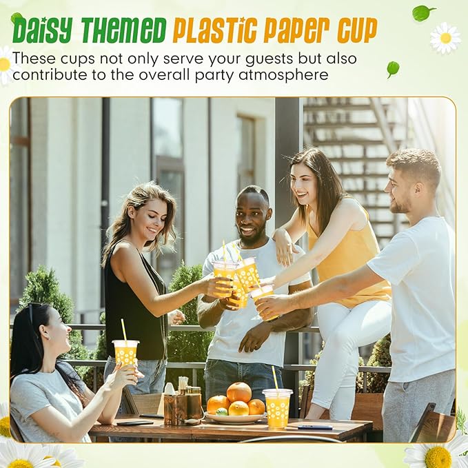 Yungyan 50 Sets Daisy Groovy Plastic Cups with Lids and Straws 16 oz Coffee Juice Drinking Cups for Daisy Party Decoration Summer Birthday Baby Shower Party Supplies