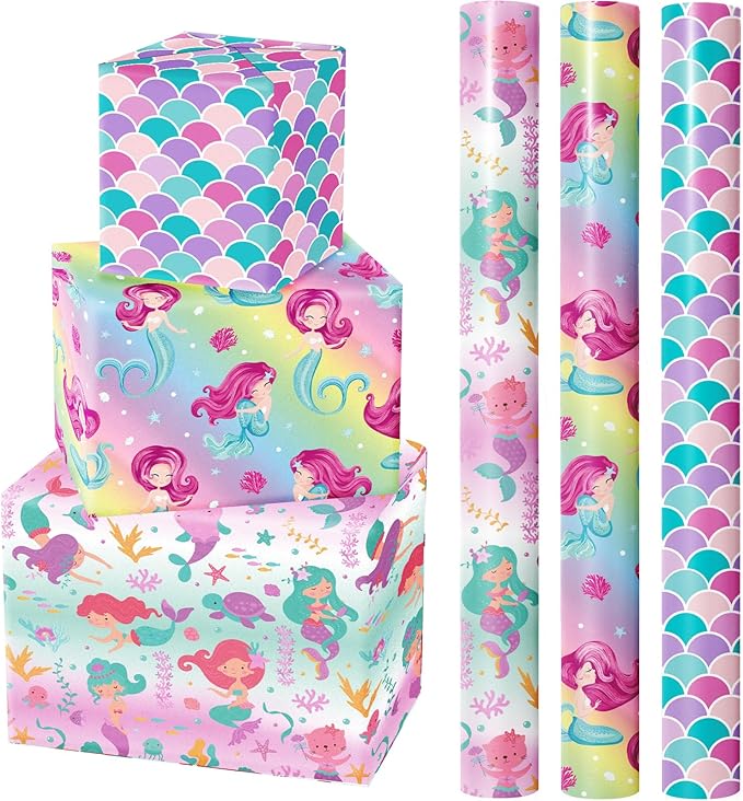 WRAPAHOLIC Mermaid Wrapping Paper Roll - 3 Short Roll - Birthday Wrapping Paper for Kids Girls Birthday, Mermaid Party, Baby Shower - 17 Inch x 120 Inch Per roll