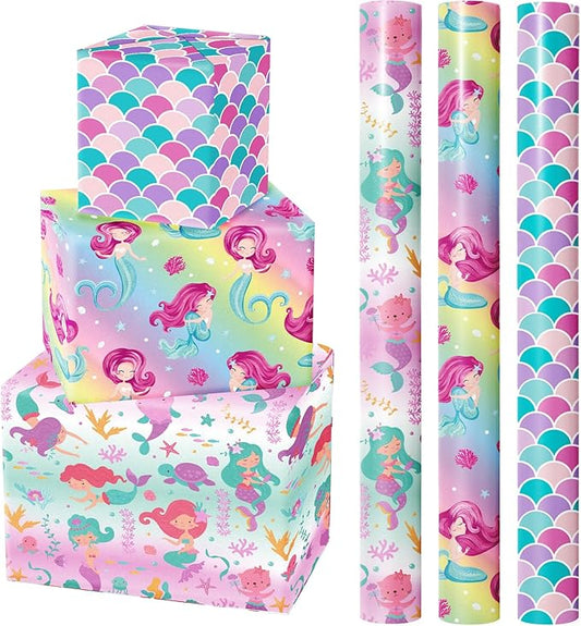 WRAPAHOLIC Mermaid Wrapping Paper Roll - 3 Short Roll - Birthday Wrapping Paper for Kids Girls Birthday, Mermaid Party, Baby Shower - 17 Inch x 120 Inch Per roll
