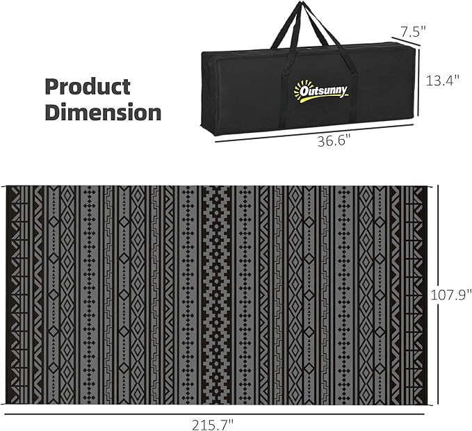 Outsunny Outdoor Rug for Patio, 9' x 18' Waterproof Large Mat, Reversible Plastic Straw Rug for Decor, Portable Outside RV Camping Area Carpet Mat for Backyard Porch Deck Picnic, Black Gray Geometric