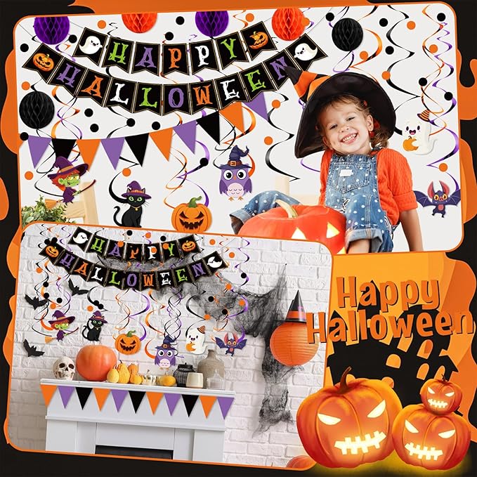 Clabby Halloween Party Decorations Kit Happy Halloween Banner Hanging Swirls Cutouts Triangle Flag Bunting Circle Confetti Dots Garland Black Orange Purple 3D Honeycomb Ball for Birthday Baby Shower