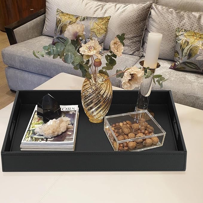 HofferRuffer Rectangle Serving Tray with Hole Handles for Coffee Table, Breakfast, Tea, Food, Butler - Countertop, Kitchen, Vanity Serve Tray, 16.2 x 12.2 x 2 inches, Faux Leather Tray (Black)