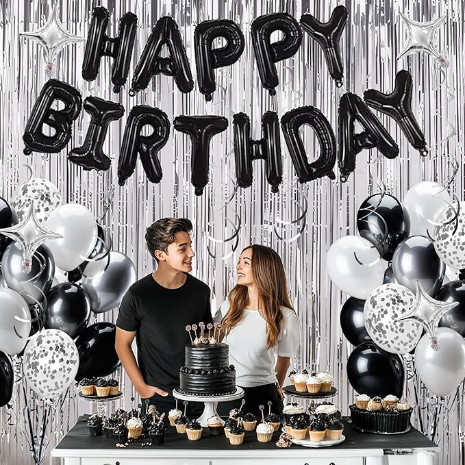 92 PCS Black and Silver Happy Birthday Decorations Balloons Fringe Curtains Vortex for Boys Men Girls Women 16th 18th 20th 21st 25th 30th 40th 50th 60th Birthday Party Decorations (Black Silver)