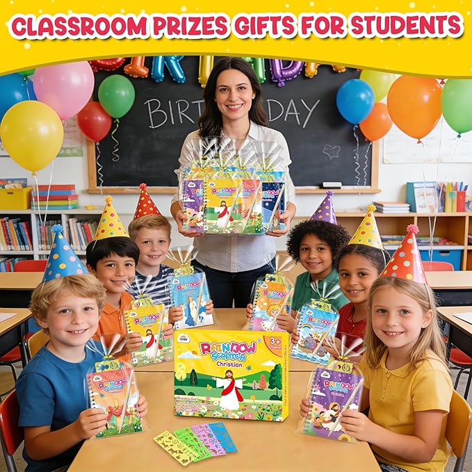 ZMLM 24 Pack Scratch Art Party Favors for Kids 4-8 – Individually Wrapped Rainbow Notebooks, Mess-Free Goodie Bag Stuffers, Non-Candy, Classroom Prizes, Travel Crafts for Boys Girls(Christian)