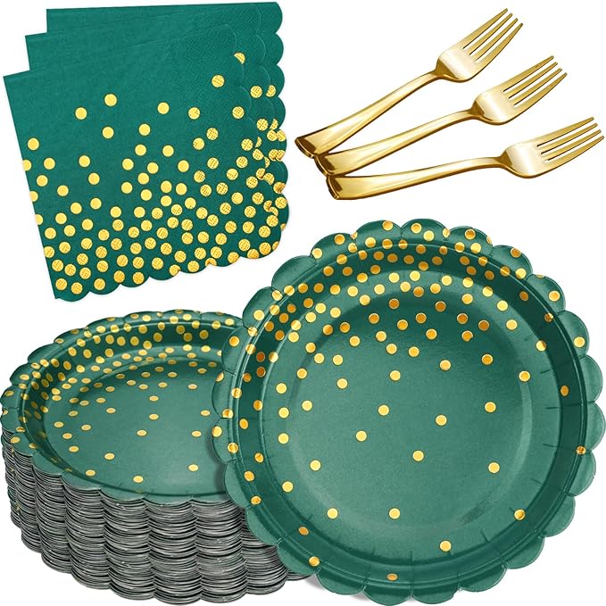 105PCS Green Plates and Napkins Party Supplies, Green and Gold Birthday Party Decorations, 7??Dessert Paper Plates for Wedding Baby Shower Graduation Decorations, Serves 35