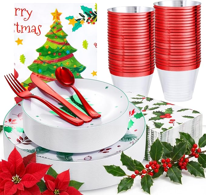 Festiva 176Pcs Christmas Plastic Plates Heavy Duty- Christmas disposable Dinnerware Set-include 50Plates 25Plastic Silverware 25Cups 25Holly Berry Napkins