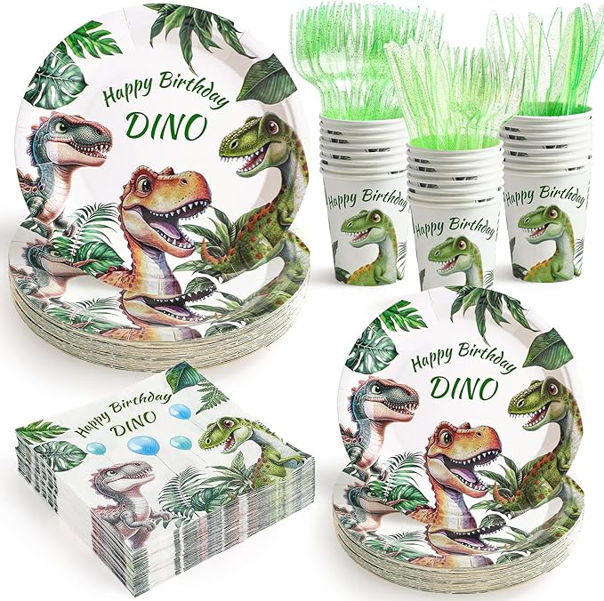 144Pcs Dinosaur Birthday Party Supplies Decorations Dino Themed Paper Plates Napkins Vintage Dinosaur Party Tableware Disposable Dinnerware for Boy Kids Birthday Baby Shower Table Decor, Serve 24