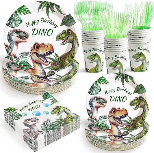 144Pcs Dinosaur Birthday Party Supplies Decorations Dino Themed Paper Plates Napkins Vintage Dinosaur Party Tableware Disposable Dinnerware for Boy Kids Birthday Baby Shower Table Decor, Serve 24