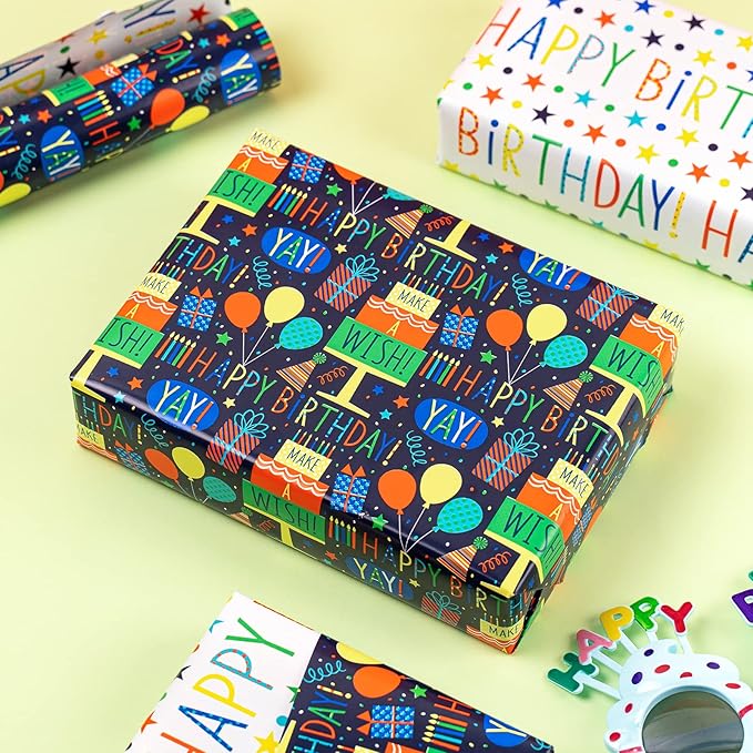 MAYPLUSS Reversible Birthday Wrapping Paper Mini Roll - 17In x 32.8Feet - Colorful Happy Birthday Lettering,Cake,Candle Pattern Kid Boys Party Gift Wrap Present Paper for Baby Shower, Holiday