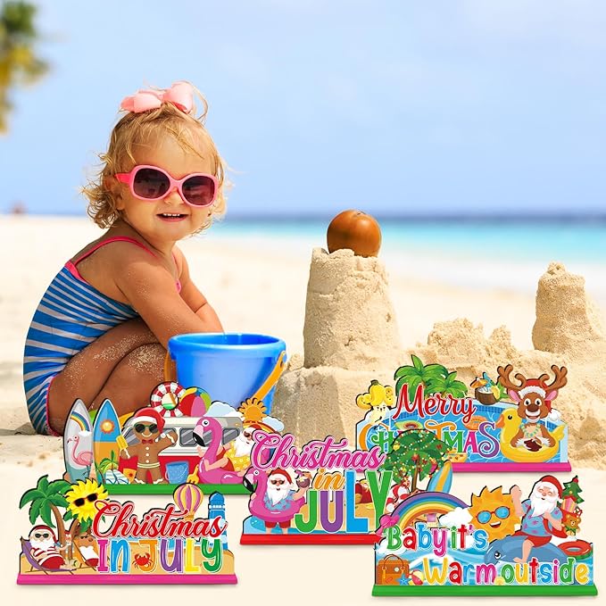 Suzile 6 Pcs Christmas in July Table Decoration July Summer Table Centerpieces Signs Santa Flamingo Palm Tree Theme Beach Party Decorations Home Table Desktop Favors Supplies (Christmas in July)