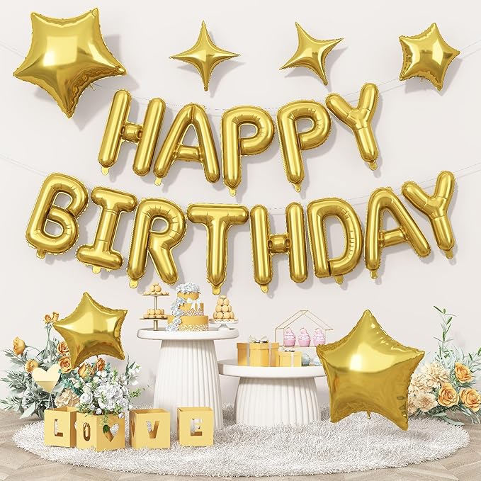 Gold Happy Birthday Balloon Banner, 16 Inch Mylar Foil Letter Balloons, Reusable Birthday Decorations with Gold Star Foil Balloons, Inflatable Party Supplies for Men Women Boys Girls Decorations