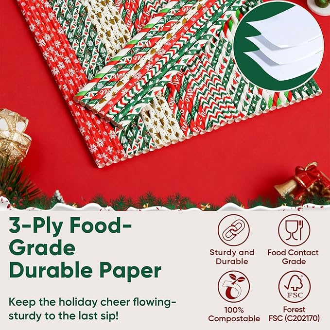 Haundry 100 Christmas Paper Straws, 8 Styles Red Green White Gold Biodegradable Party Drinking Straws with Stripe, Wave, Christmas Tree Snowflake Design Decorations Supplies (color-100)