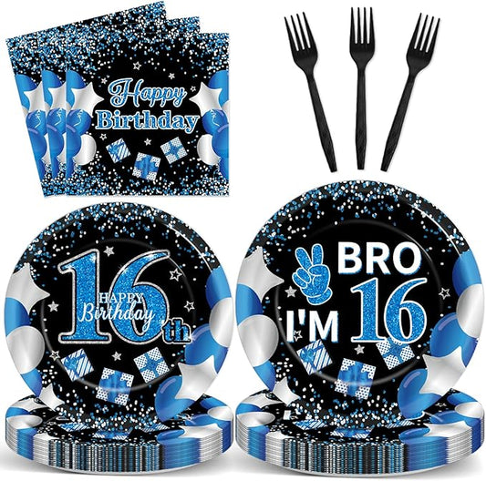 Qyeahkj 100 Pcs 16th Birthday Decorations for Boys Official Teen Supplies Plate Napkin Forks Set Disposable Blue 16th Birthday Tableware Paper Plates Dinnerware for Kids Teenager Favors Serve 25