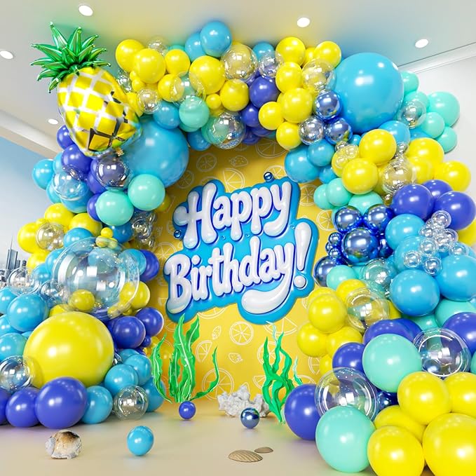 160pcs Cartoon Sponge Balloons Garland Arch Kit, Birthday Decorations Yellow Blue Clear Metallic Blue Teal Balloons and Pineapple Balloon Arch for Cartoon Birthday Baby Shower Party Decor