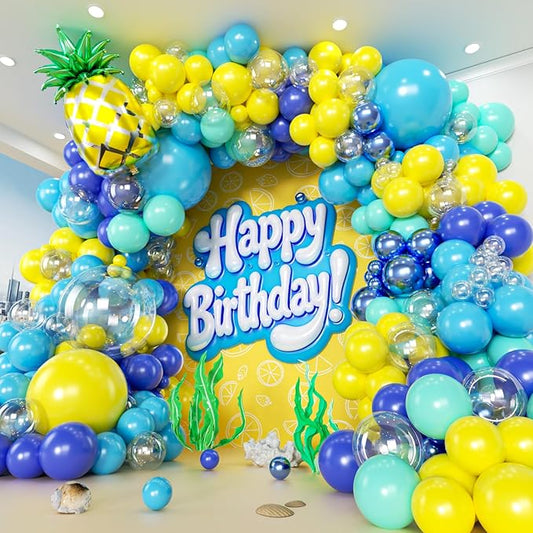 160pcs Cartoon Sponge Balloons Garland Arch Kit, Birthday Decorations Yellow Blue Clear Metallic Blue Teal Balloons and Pineapple Balloon Arch for Cartoon Birthday Baby Shower Party Decor