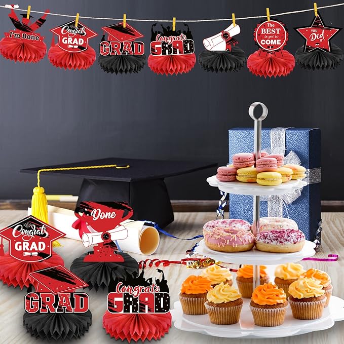 Honoson 12 Pcs 2026 Graduation Party Decorations Class of 2026 Congrats Grad Table Centerpieces Congratulate Graduation Honeycomb Table Toppers for Grad Party Favor Supplies(Red, Black)