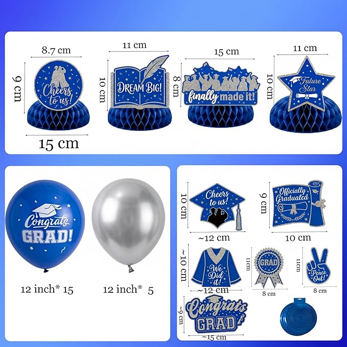 Royal blue Silver Balloon Garland Arch Kit with backdrop Stars Graduation Cap crown GRAD Letters Mylar Balloons for 2026 graduate Prom Decorationss