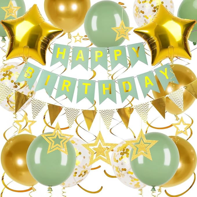 Green Gold Birthday Decorations, Happy Birthday Banner and Gold Star Balloons, Glitter Hanging Stars with Hanging Swirls, Bunting Banner, for Women Men Boys Party Decoration