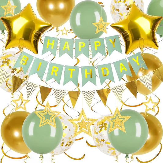 Green Gold Birthday Decorations, Happy Birthday Banner and Gold Star Balloons, Glitter Hanging Stars with Hanging Swirls, Bunting Banner, for Women Men Boys Party Decoration
