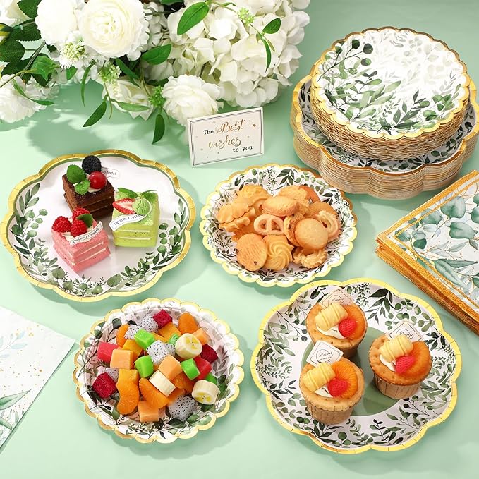 144 Pcs 48 Guests Sage Green Party Plates and Napkins Scalloped Green Eucalyptus Paper Plates Napkins Disposable Tableware for Birthday Bridal Baby Shower Wedding Decorations Party Supplies