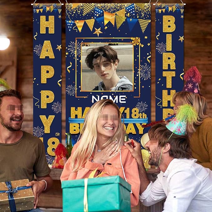 Custom Photo Birthday Banner Set Personalized Name Door Banners Fabric Backdrop Birthday Decorations Party Supplies Background for Indoor Outdoor Front Door Sign(Blue and Gold)