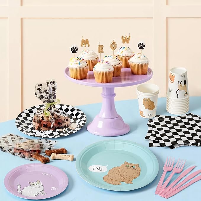 144Pcs Cat Birthday Party Supplies Decorations Cat Themed Paper Plates Napkins Vintage Party Tableware Disposable Pet Dinnerware Set for Kids Birthday Baby Shower Table Decor, Serve 24