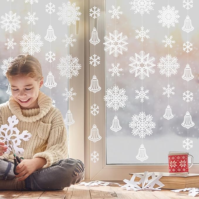 40Ft White Snowflakes Bell Garland Glitter Paper Big Snowflakes Hanging Streamer Backdrop for Winter Wonderland Christmas Holiday Birthday Home Window Wall Room Decor