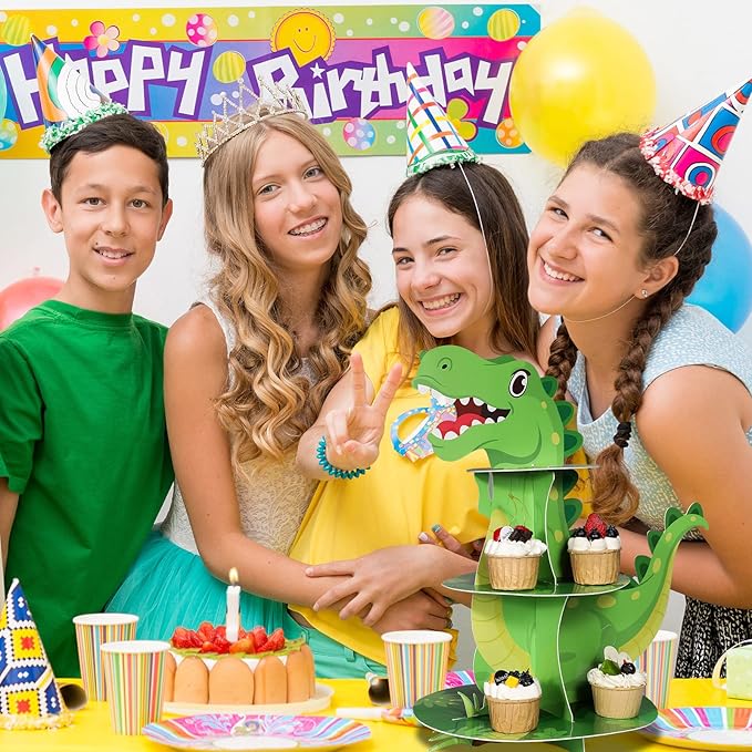 Censen 3 Tier Dinosaur Cupcake Stand Party Decorations Dinosaur Theme Cupcake Holder Decorations Dino Dessert Tower for Kids Jungle Dino Theme Party Birthday Supplies (Lovely)