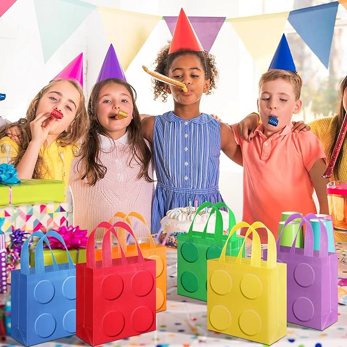 Sweetude 40 Pcs Building Blocks Brick Gift Party Favor Bags with Handle, Non Woven Goodie Bags Birthday Favor for Birthday Baby Shower Packaging Supplies