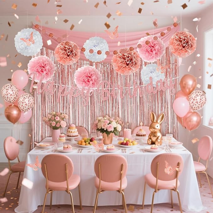 Pink Rose Gold Birthday Party Decorations Set, Rose Gold Glittery Happy Birthday banner, Curtains, Butterfly Wall，Tissue Paper Pom, Circle Dots Garland for Women's Party Decorations