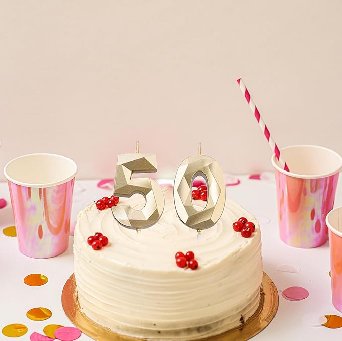 2 inch Gold 50 Birthday Candles, 3D Diamond Number 50 Cake Topper for Men Women Birthday Party Decorations Theme Party