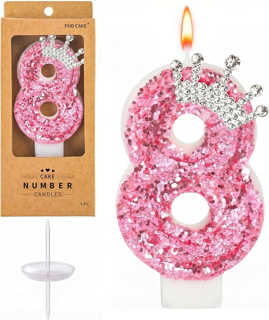 PHD CAKE Birthday Number Candles,Pink Crown Birthday Candles for Cake,Glitter Number 8 Candle Cake Topper with Sequins for Girls,Women, Anniversary Celebrations Supplies