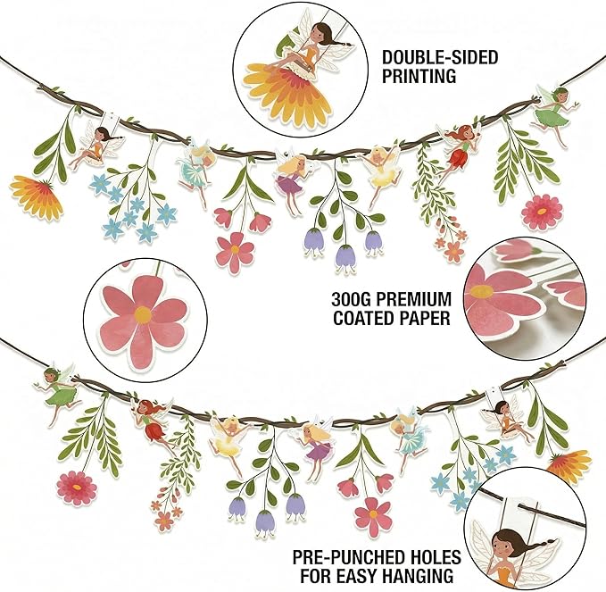 48Pcs Flower Fairy Banner Decorations Floral Designs Wildflower Garland – with 5m Jute Rope, for Baby Shower, Wedding, Easter Backdrop, Enchanted Garden Party Supplies (Fairy)