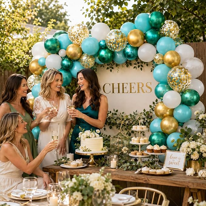 Teal and Gold Balloons, 60PCS Gold Turquoise Balloons Set, 12 Inch Metallic Green Gold Confetti Balloon Teal Blue White Latex Balloon for Wedding Birthday Baby Shower Summer Party Decor