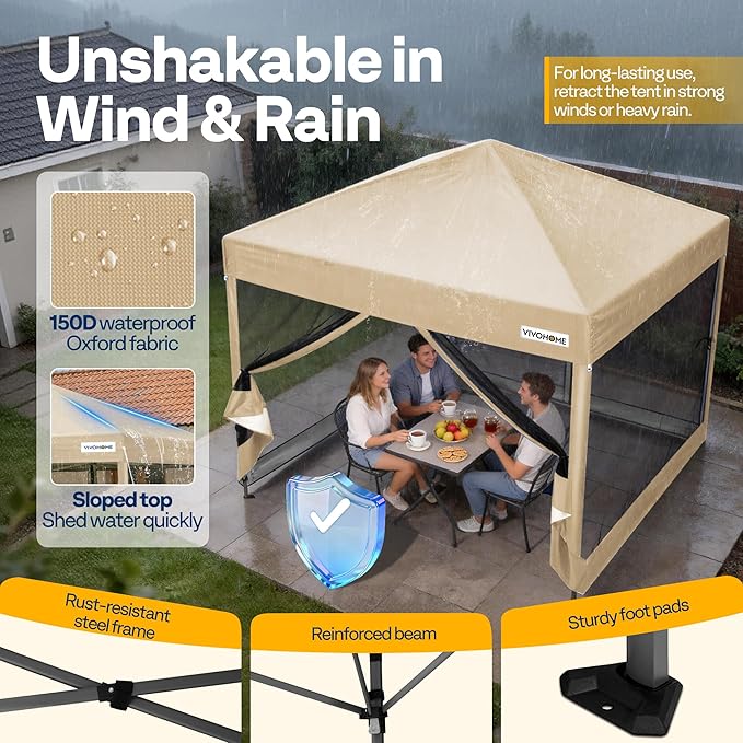 VIVOHOME 8x8ft Easy Pop-Up Canopy, Outdoor Screen Tent with Mosquito Netting, 2 Zipper Doors, and Roller Bag for Yard Camping Picnic Party Events, Beige